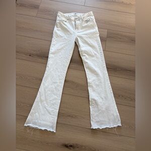 NWOT PAIGE High Rise Laurel Canyon  Cream Flare Jeans with Raw Hem size 27